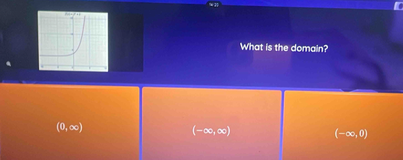 What is the domain?
(0,∈fty )
(-∈fty ,∈fty )
(-∈fty ,0)