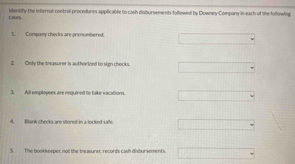 ldentify the internal control procedures applicable to cash disbursements followed by Downey Company in each of the following 
cases. 
1. Company checks are prenumbered. 
2. Only the treasurer is authorized to sign checks. 
3. All employees are required to take vacations. 
4. Blank checks are stored in a locked safe. 
5. The bookkeeper, not the treasurer, records cash disbursements.