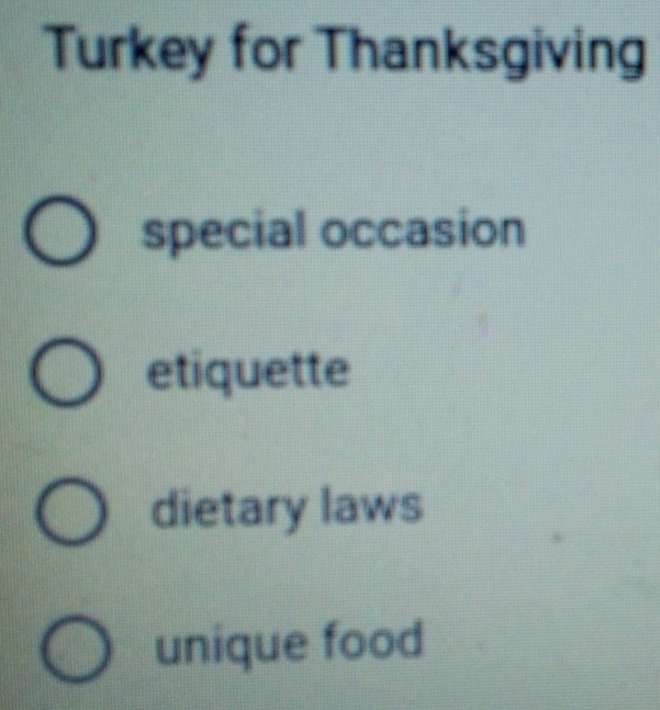 Turkey for Thanksgiving
special occasion
etiquette
dietary laws
unique food