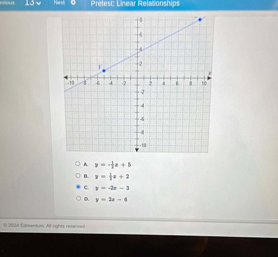 evious 13v Next Pretest: Linear Relationships
A. y=- 1/2 x+5
B. y= 1/2 x+2
C. y=-2x-3
D. y=2x-6
2024 Edmentum. All rights reserved.