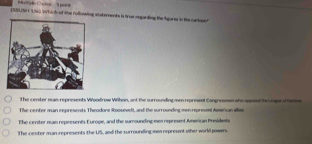 (SSUSH 15c) Which of the following statements is true regarding the figures in the cartoon?
The center man represents Woodrow Wilson, ant the surrounding men represent Congressmen who opposed the League of Nations
The center man represents Theodore Roosevelt, and the surrounding men represent American allies
The center man represents Europe, and the surrounding men represent American Presidents
The center man represents the US, and the surrounding men represent other world powers.