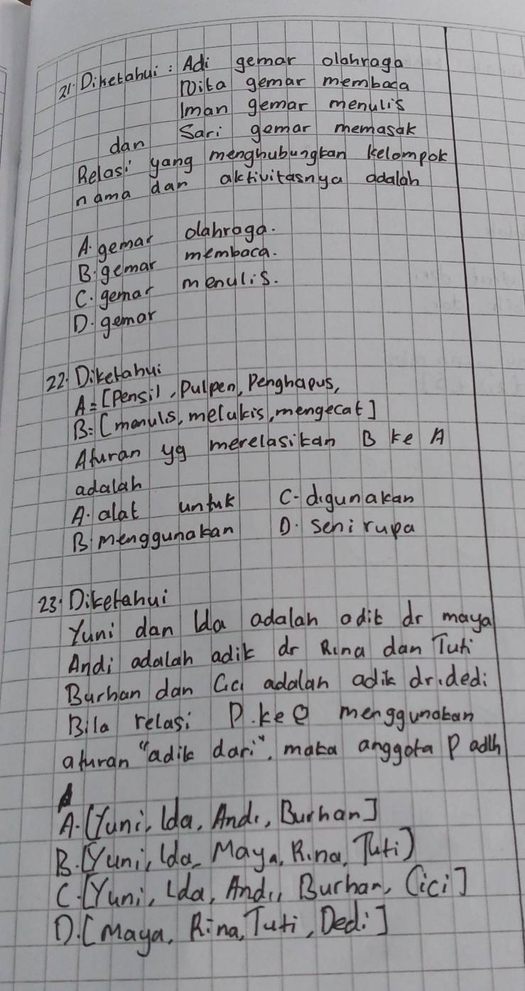 Diketabui : Adi gemar olahraga
Dita gemar membada
Iman gemar menulis
dan Sari gemar memasak
Belas" yang menghubungtan kelompok
I ama dar akctivitasnya odalah
A gemar olabroga.
B gemar membaca.
C. gemat menulis.
D. gemar
22. Diketahui
A : [Pensil, Pullpen, Penghaous,
B: Cmenuls, metalis, mengecat]
Afuran yg merelasitan B ke A
adalah
A. alat uniuk C. digunakan
B menggumaban 0 Sehi rupa
23 Diketahui
Yuni dan lda adalan odit dr maya
Andi adalah adik dr Rina dan Tuhi
Burhan dan Gq adalan adik drided:
Bila relasi P. kee menggunaban
a turan "adile dar", maka anggota P adth
A. (Yuni, lda, And, Burhan]
B. Qunii lda, Maya, Rina, Thti)
C. Huni, Lda, Andi, Burhan, Cici]
D. [magya, Rina, Tuti, Ded: I