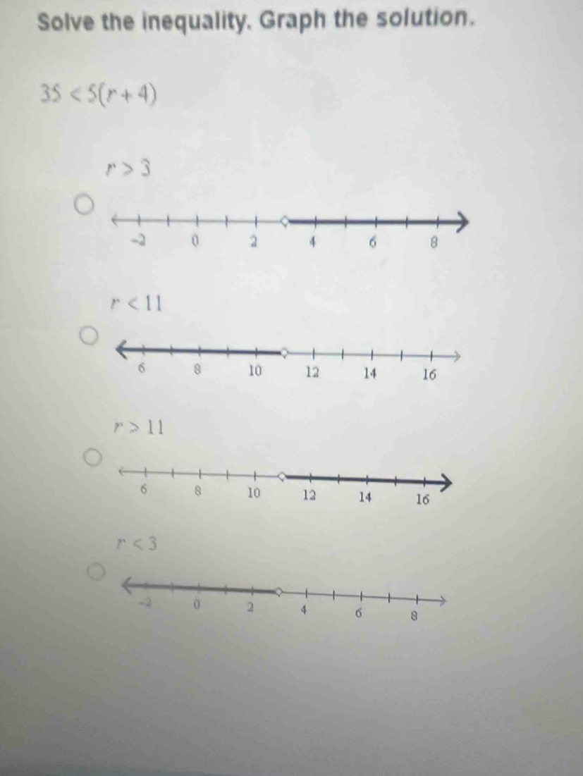 Solve the inequality, Graph the solution.
35<5(r+4)
r>3
r<11</tex>
r>11
r<3</tex>