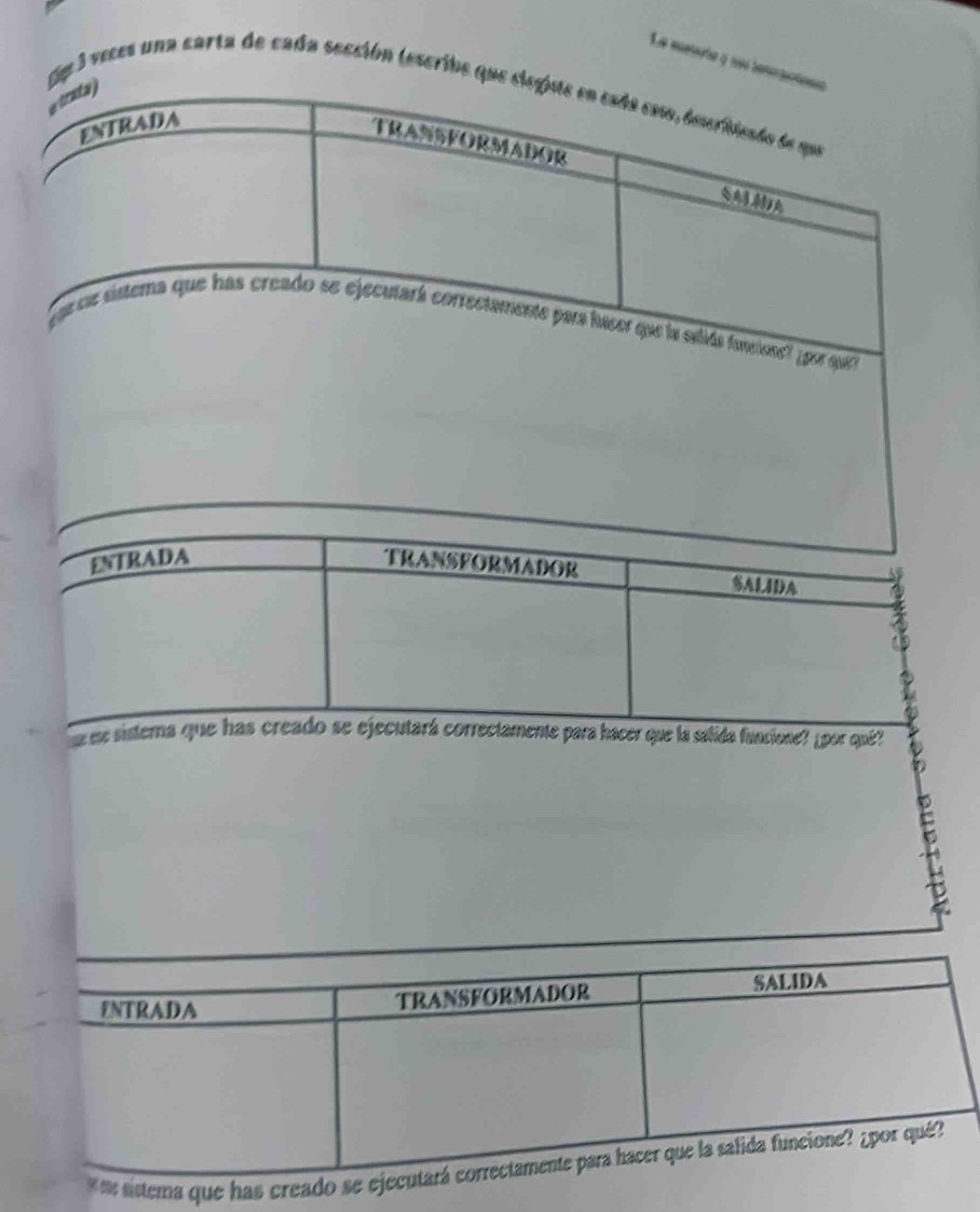 Le munterbe y usó bererhecieet 
etrate ) 
p 3 veces una carta de cada sección (escribe que elegiste en csda com, describicado de qui 
ENTRADA 
TRANSFORMADOR 
ue ce sistema que has creado se ejecutará correctamente para haser que la salida funecose' por que' 
ENTRADA TRANSFORMADOR SALIDA 
ua ne sisterna que has creado se ejecutará correctamente para hacer que la salida funcione? ¿por qué 
stema que has cre