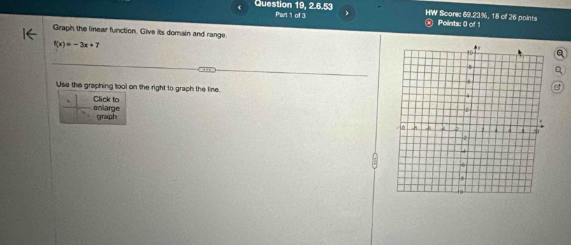 Question 19, 2.6.53 HW Score: 69.23%, 18 of 26 points 
Part 1 of 3 Points: 0 of 1 
Graph the linear function. Give its domain and range.
f(x)=-3x+7
Use the graphing tool on the right to graph the line. 
Click to 
enlarge 
graph