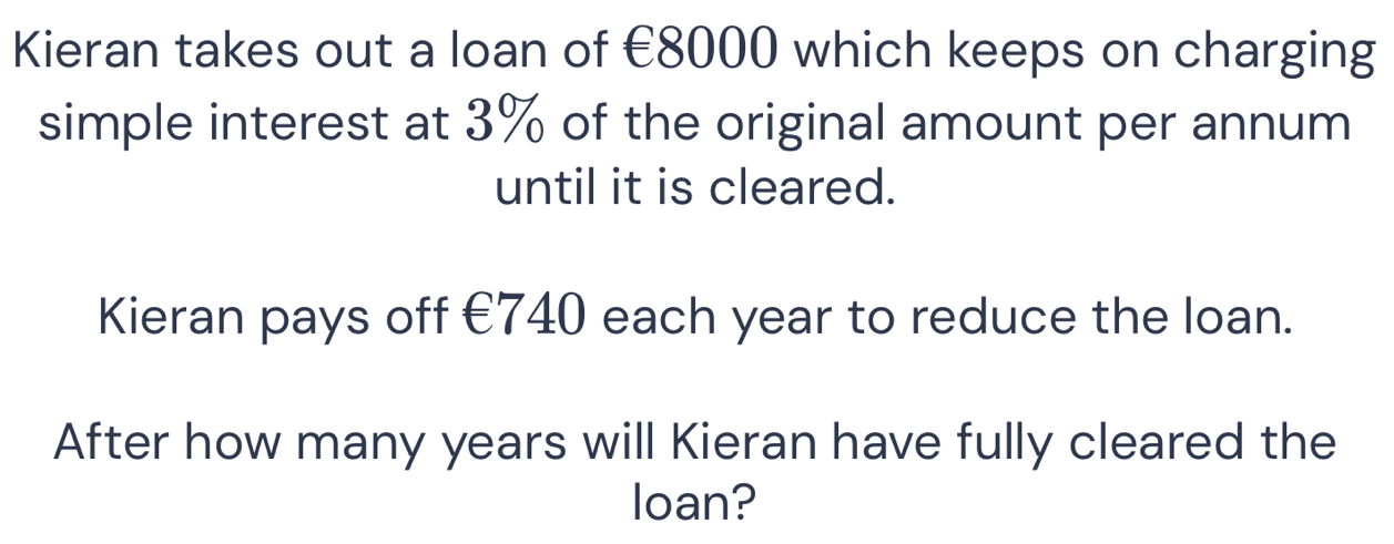 Kieran takes out a loan of €8000 which keeps on charging 
simple interest at 3% of the original amount per annum 
until it is cleared. 
Kieran pays off €740 each year to reduce the loan. 
After how many years will Kieran have fully cleared the 
loan?