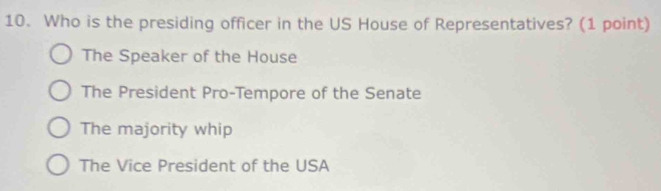 Who is the presiding officer in the US House of Representatives? (1 point)
The Speaker of the House
The President Pro-Tempore of the Senate
The majority whip
The Vice President of the USA