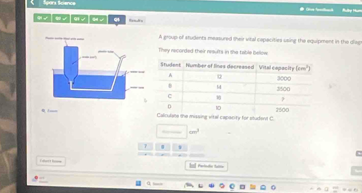 Sparx Science Glve femliacã Rulry Hum
qi √ . √ Q3 √ Q4 √ Q5 Ramde s 
A group of students measured their vital capacities using the equipment in the diagr
They recorded their results in the table below.
Q, Lam Calculate the missing vital capacity for student C.
cm^3
7 9
i dortt ksw Perlodic Tabla
a Seueste