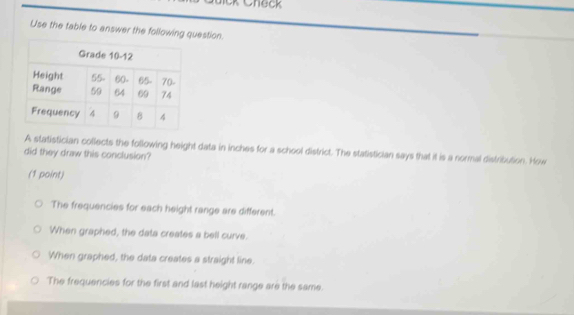 KCheck
Use the table to answer the following question.
A statistician collects the following height data in inches for a school district. The statistician says that it is a normal distribution. How
did they draw this conclusion?
(1 point)
The frequencies for each height range are different.
When graphed, the data creates a bell curve.
When graphed, the data creates a straight line.
The frequencies for the first and last height range are the same.