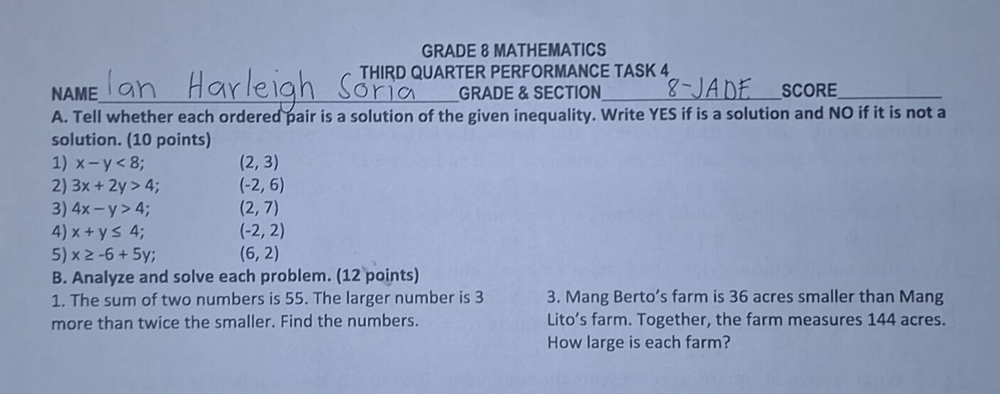 Solved: GRADE 8 MATHEMATICS THIRD QUARTER PERFORMANCE TASK 4 _ NAME ...