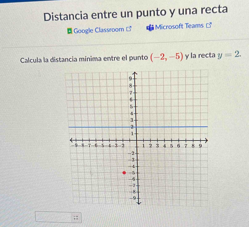 Distancia entre un punto y una recta 
* Google Classroom Microsoft Teams  
Calcula la distancia mínima entre el punto (-2,-5) y la recta y=2. 
;: