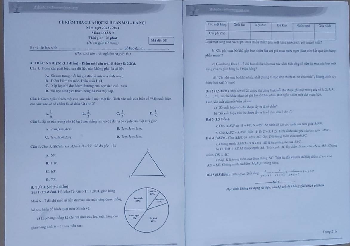 Website, tailicumontoan.com
Weboites trilleurson trom, com
Đê kiêm tra giữa học kỳ II ban mai - hà nọi 
Năm học: 2023 - 2024
Môn: TOÁN 7 
Thời gian: 90 phút
(Để thị gồm 02 trang)  Mã đế: 001 
Họ và tên học sinh: _Số báo danh: _b) Chi phi mua bỏ khô gấp bao nhiều làn chi phi mua nước ngọt (làm tròn kết quả đến hàng
(Học sinh làm trác nghiệm ra giảy thị)
phần muờn?
A. TRÁC NGHIỆM (1,0 điểm) - Điểm mỗi câu trá lời đúng là 0,25đ. c) Gian hãng khổi 6 - 7 chi hao nhiệu tiền mua xúc xích biết sóng số tiền để mua các loại mặt
Câu 1. Trong các phát biểu sau dữ liệu nào không phái là số liệu hàng của ca gian hãng là 3 triệu đồng
A. Số con trong mỗi hộ gia đình ở nơi con sinh sống
Bộ Điểm kiểm tra môn Toán cuối HKL d) "Chi phi mua bó khô nhiều nhất chúng tò học sinh thích ăn hó khô nhấa', không đinh này
C. Xếp loại thì đua khen thường của học sinh cuối năm. dùng hay MN=sqrt() sno7
D. Số học sinh yêu thích bóng đã của một lớp  Bài 2 (1,5 điểm). Một hộp có 25 chiếc thứ cùng loại, mỗi thứ được ghi một trong các số 1; 2; 3; 4;
Câu 2, Gieo ngẫu nhiên một con xúc xắc 6 mặt một lần. Tinh xác suất của biển cổ ''Mặt xuất hiện 5; ...; 25, hai the khác nhaa thi ghi hai số khác nhaa. Rút ngẫu nhiên một thờ trong hộp.
của xúc xắc có số châm là số chia hết cho 3'3'' Tinh xác suất của mỗi biển cổ sau
) '''Số xuất hiện trên thể được lây ra là số chiỉn'''.
A.  1/6  B.  2/3 . C.  1/3 . D.  1/5 . b) ''Số xuất hiện triên the được lấy ra là số chia cho 3 du 1'''.
Câu 3. Bộ ba nào trong các bộ ba đoạn thắng sau có độ dài là ba cạnh của một tam giác Bài 3 (1,5 điểm).
A. 7cm,3cm,4cm. B. 7cm,3cm.5cm a) Cho △ MNP có M=40°,N=65° So sánh độ dài các cạnh của tam giác MNP.
C. 7cm,3cm d, 2a hpe. D. 7cm,3cm,3cm b) Cho ∆ 4 C=△ MNP bệt 4:B:C=3:4:5 Tinh số đo các góc của tam giác MNP.
Bài 4 (3 điểm), Cho Δ48C có AB=AC Gọi Đ là trung điểm của cạnh BC.
Câu 4. Cho △ ABC cūn tại A. biết B=55° Số đo gòc A là a) Chứững minh △ ABD=△ ACD và  AD là tia phân giác củaMC  Chúng
A. 55° DN⊥ AC b1 V2DM⊥ (8,4) # thuộc cạnh AB. Trừn cạnh (C lấy điểm N sao cho LV=LM
mish
B. 110°. K là trung điểm của đoạn thắng NC. Trừn từa đổi của tủa KD lấy điểm. E sao cho
c G_1
XD=KEC hàng minh ba điểm M, N, E thắng hàng.
C. 60°
Bài 5 (0,5 điểm). Tìm 1, v, z. Biết rằng  x/y+z+1 = x/x+z+1 = z/x+y-z =x+y+z.
4 70°
Nết
B. T LUAN 1 (9,0 điễm)
Học sinh không sử dụng tài liệu, cán bộ coi thi không giải thích gi thêm
Bài 1 (2,5 điểm). Hội chợ Tết Giáp Thin 2024, gian hãng
khối 6 - 7 đã chi một số tiền để mua các mặt hàng được thốn
kê nlu biểu đồ hình quạt tròn ở hình vẽ.
) Lập bang thống kê chi phi mua các loại mặt hàng của 
gian hàng khỏi 6 - 7 theo mẫu sau:
Tring 2 |6