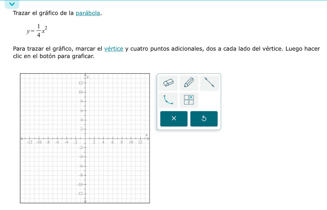 Trazar el gráfico de la parábola.
y= 1/4 x^2
Para trazar el gráfico, marcar el vértice y cuatro puntos adicionales, dos a cada lado del vértice. Luego hacer 
clic en el botón para graficar. 
× 5