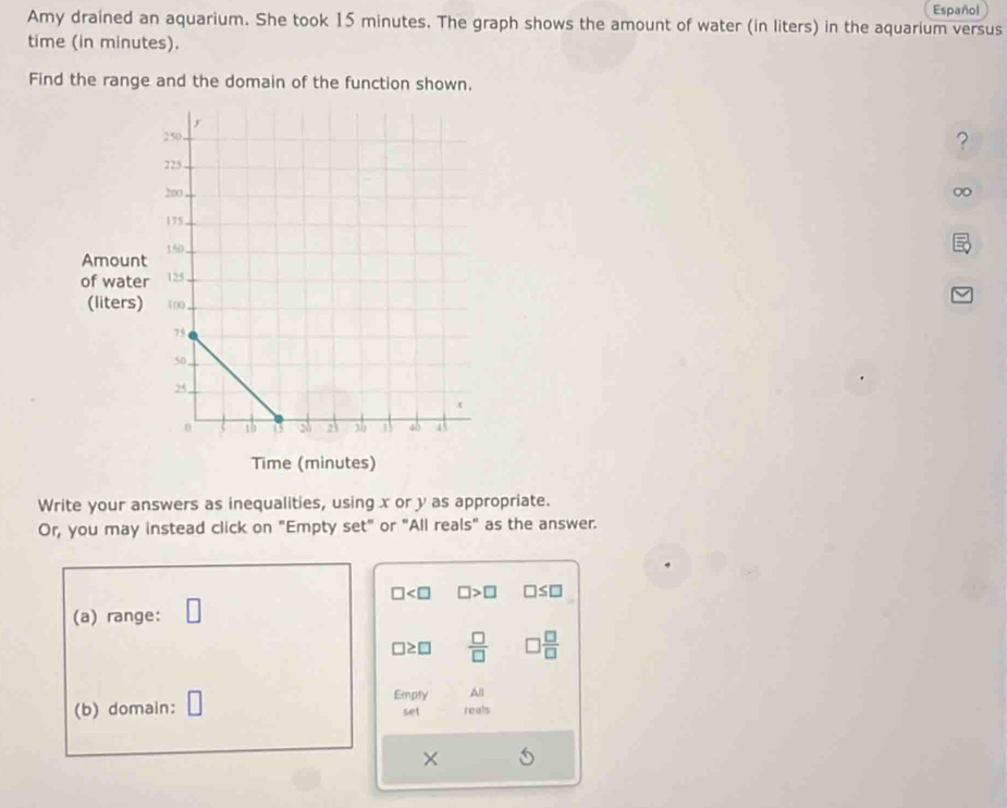 Español 
Amy drained an aquarium. She took 15 minutes. The graph shows the amount of water (in liters) in the aquarium versus 
time (in minutes). 
Find the range and the domain of the function shown. 
？ 
0 
Amount 
of water 
(liters) 
Time (minutes) 
Write your answers as inequalities, using x or y as appropriate. 
Or, you may instead click on "Empty set" or "All reals" as the answer.
□ □ >□ □ ≤ □
(a) range:
□ ≥ □  □ /□   □  □ /□  
All 
(b) domain: Empty set reals 
×