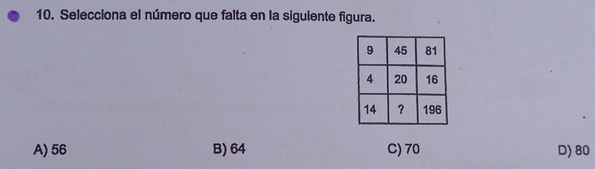 Selecciona el número que falta en la siguiente figura.
A) 56 B) 64 C) 70 D) 80