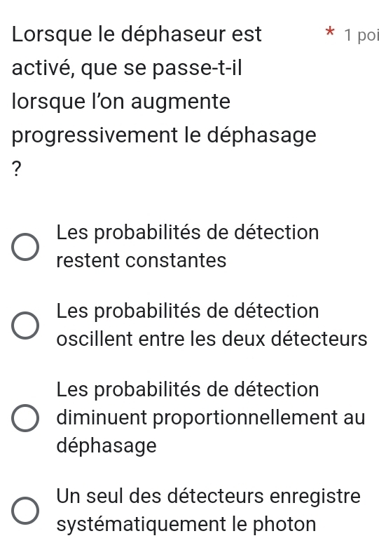 Lorsque le déphaseur est 1 poi
activé, que se passe-t-il
lorsque l’on augmente
progressivement le déphasage
?
Les probabilités de détection
restent constantes
Les probabilités de détection
oscillent entre les deux détecteurs
Les probabilités de détection
diminuent proportionnellement au
déphasage
Un seul des détecteurs enregistre
systématiquement le photon