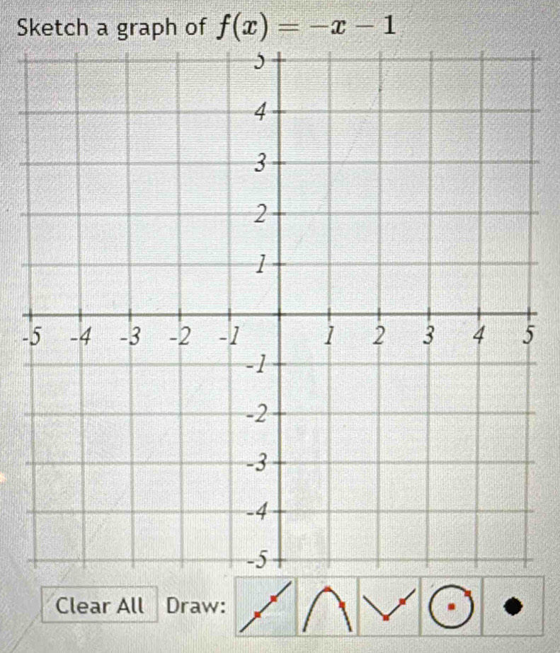 Sketch a graph of f(x)=-x-1
- 
Clear All Draw: