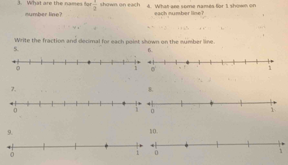 What are the names for  1/2  shown on each 4. What are some names for 1 shown on 
number line? each number line? 
Write the fraction and decimal for each point shown on the number line. 
5. 
7. 
8. 
0 
9. 10. 
0 
10