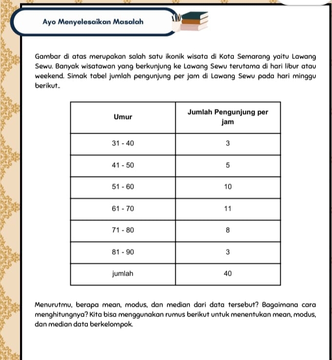 Ayo Menyelesaikan Masalah 
Gambar di atas merupakan salah satu ikonik wisata di Kota Semarang yaitu Lawang 
Sewu. Banyak wisatawan yang berkunjung ke Lawang Sewu terutama di hari libur atau 
weekend. Simak tabel jumlah pengunjung per jam di Lawang Sewu pada hari minggu 
berikut.. 
Menurutmu, berapa mean, modus, dan median dari data tersebut? Bagaimana cara 
menghitungnya? Kita bisa menggunakan rumus berikut untuk menentukan mean, modus, 
dan median data berkelompok.