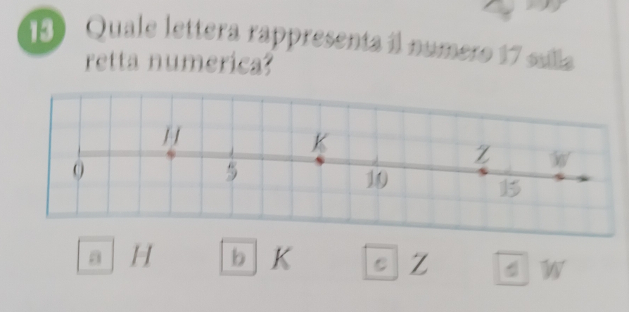 Quale lettera rappresenta il numero 17 sílla
retta numerica?
a H b K C Z a W