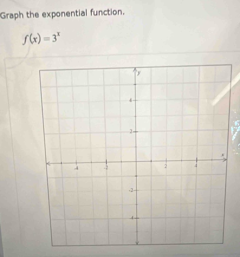 Graph the exponential function.
f(x)=3^x