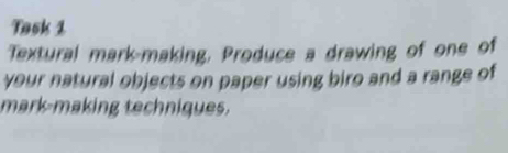 Task 1 
Textural mark-making, Produce a drawing of one of 
your natural objects on paper using biro and a range of 
mark-making techniques.