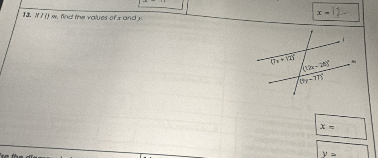 x=
13. Ifl||m , find the values of x and y.
x=
y=
