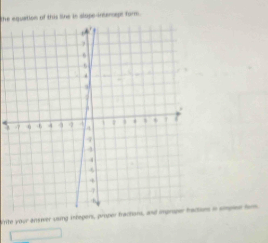 the equation of this line in slope-interseps form . 
Write your answer using integers, proper fractions, and improper fractions in simpled hers