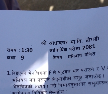 शी आधावगर मा.वि. डोगडी 
समय : 1:30 अर्धबार्षिक परीक्षा 2081 
कक्षा : 9
बिषय : अनिवार्य गणित 
1.दिइएको भेनचित्रमा F ले फुटवल मन पराउने र 
भलिबल मन पराउने विद्यार्थीको समूह जनाउछ 
भेनचित्रको अध्ययन गरी निम्नअनुसारका समूहह 
सचीकरण विश्िबाट लेख्लहोस :