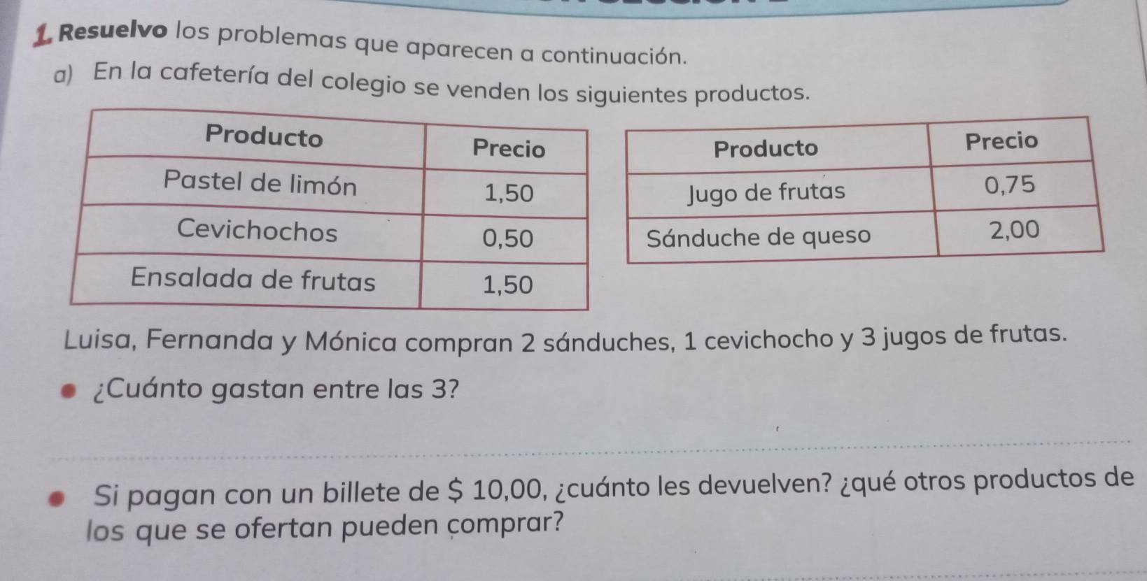 Resuelvo los problemas que aparecen a continuación. 
a) En la cafetería del colegio se venden los siguientes productos. 
Luisa, Fernanda y Mónica compran 2 sánduches, 1 cevichocho y 3 jugos de frutas. 
¿Cuánto gastan entre las 3? 
Si pagan con un billete de $ 10,00, ¿cuánto les devuelven? ¿qué otros productos de 
los que se ofertan pueden comprar?