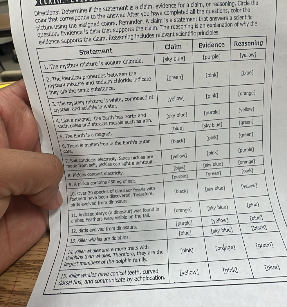 Directions: Determine if the statement is a claim, evidence for a claim, or reasoning. Circle the 
color that corresponds to the answer. After you have completed all the questions, color the 
picture using the assigned colors. Reminder: A claim is a statement that answers a scientific 
s the claim. The reasoning is an explanation of why the 
] 
ue]