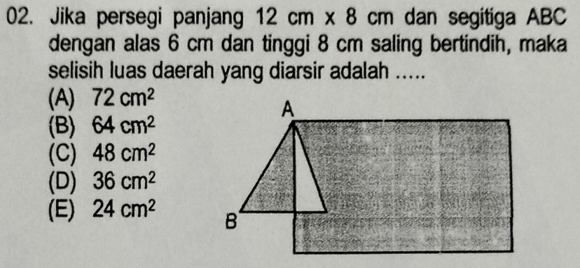 Jika persegi panjang 12cm* 8cm dan segitiga ABC
dengan alas 6 cm dan tinggi 8 cm saling bertindih, maka
selisih luas daerah yang diarsir adalah .....
(A) 72cm^2
(B) 64cm^2
(C) 48cm^2
(D) 36cm^2
(E) 24cm^2