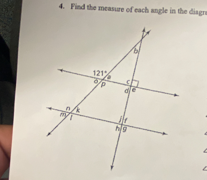 Find the measure of each angle in the diagra