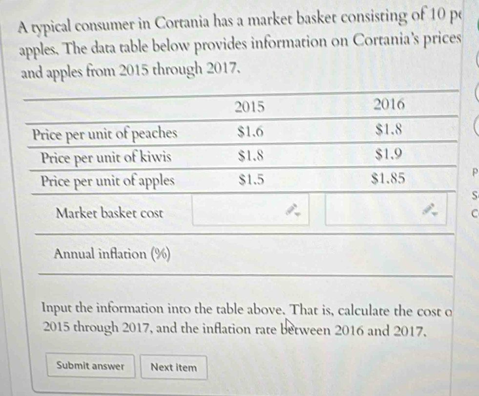 A typical consumer in Cortania has a market basket consisting of 10 pe 
apples. The data table below provides information on Cortania's prices 
and apples from 2015 through 2017. 
2015 2016 
Price per unit of peaches $1.6
$1.8
Price per unit of kiwis $1.8 $1.9
Price per unit of apples $1.5 $1.85
p 
S 
Market basket cost C 
Annual inflation (%) 
Input the information into the table above. That is, calculate the cost o 
2015 through 2017, and the inflation rate between 2016 and 2017. 
Submit answer Next item