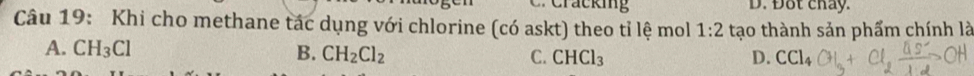 Đot chay.
Câu 19: Khi cho methane tác dụng với chlorine (có askt) theo tỉ lệ mol 1:2 tạo thành sản phẩm chính là
A. CH_3Cl B. CH_2Cl_2 C. CHCl_3
D. CCl_4