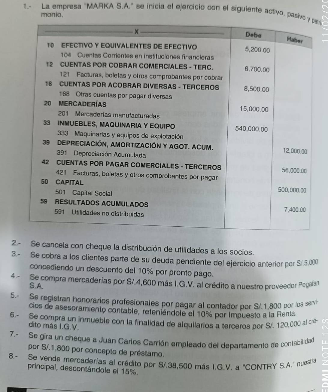 1.- La empresa "MARKA S.A." se inicia el ejercicio con el siguiente activo, pari- 
monio. 
2.- Se cancela con cheque la distribución de utilidades a los socios. 
3.- Se cobra a los clientes parte de su deuda pendiente del ejercicio anterior por S/.5,000
concediendo un descuento del 10% por pronto pago. 
4.- Se compra mercaderías por S/.4,600 más I.G.V. al crédito a nuestro proveedor Pegafan 
S.A. 
5.- Se registran honorarios profesionales por pagar al contador por S/.1,800 por los servi- 
cios de asesoramiento contable, reteniéndole el 10% por Impuesto a la Renta. 
6.- Se compra un inmueble con la finalidad de alquilarlos a terceros por S/. 120,000 al cré- 
dito más I.G.V. 
7.- Se gira un cheque a Juan Carlos Carrión empleado del departamento de contabilidad 
por S/.1,800 por concepto de préstamo. 
8.- Se vende mercaderías al crédito por S/.38,500 más I.G.V. a "CONTRY S.A." nuestra 
principal, descontándole el 15%.