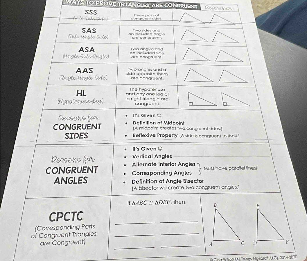 WAYS TO PROVE TRIANGLES ARE CONGRUENT Reference
SSS
_
Ging Wilson (All Things Algebra®, LLC), 2014-2020