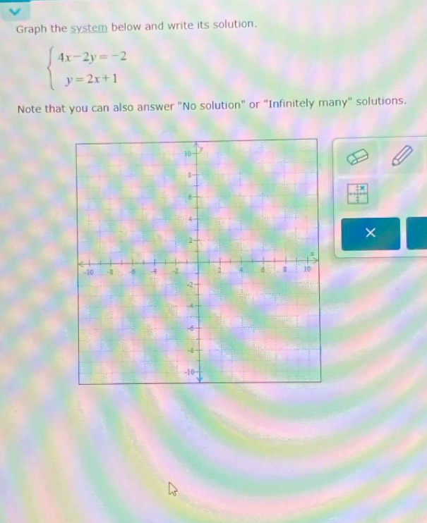 Graph the system below and write its solution.
beginarrayl 4x-2y=-2 y=2x+1endarray.
Note that you can also answer "No solution" or "Infinitely many" solutions.
beginarrayr tx +1 hline endarray
×