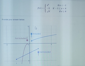 f(x)=beginarrayl x^3ifx <4 sqrt(x)ifx≥ 4endarray.
Provide your answer below