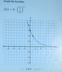 Graph the function.
f(x)=6· ( 1/3 )^x
3 of 4