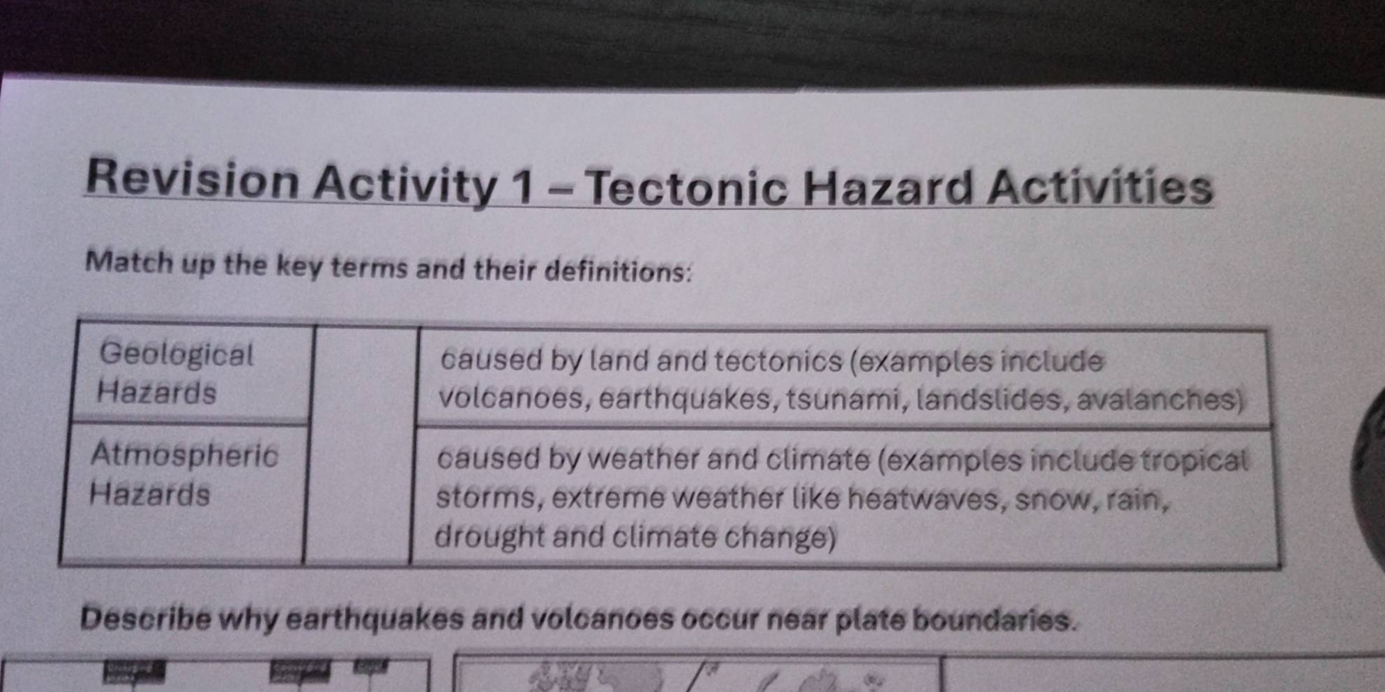 Revision Activity 1 - Tectonic Hazard Activities 
Match up the key terms and their definitions: 
Describe why earthquakes and volcanoes occur near plate boundaries.