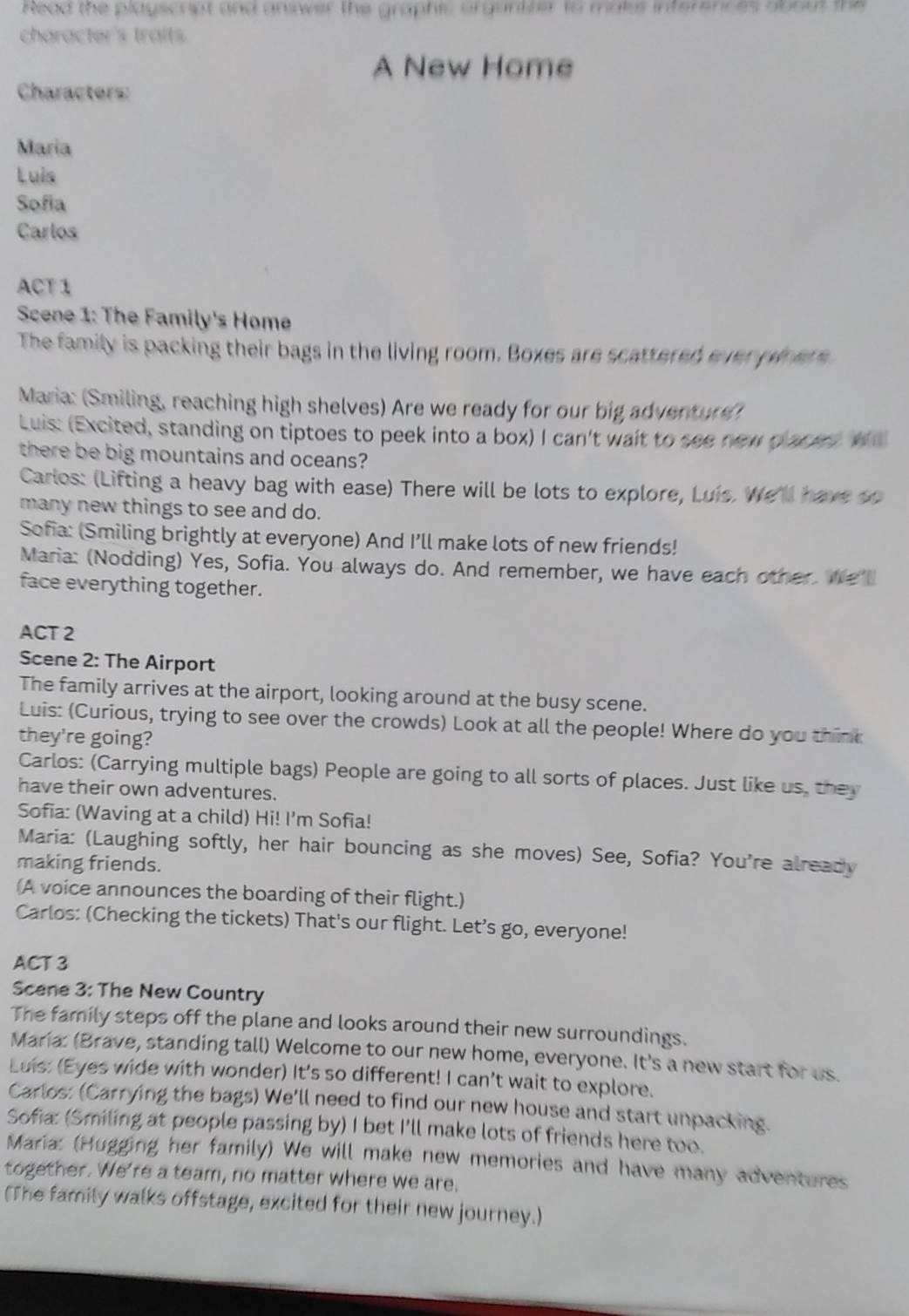 Read the playscript and answer the graphic organteer to maks inferences about the
character's traits.
A New Home
Characters:
Maria
Luis
Sofia
Carlos
ACT 1
Scene 1: The Family's Home
The family is packing their bags in the living room. Boxes are scattered ever phers
Maria: (Smiling, reaching high shelves) Are we ready for our big adventure?
Luis: (Excited, standing on tiptoes to peek into a box) I can't wait to see new o ace. W
there be big mountains and oceans?
Carlos: (Lifting a heavy bag with ease) There will be lots to explore, Luis. We'll have so
many new things to see and do.
Sofia: (Smiling brightly at everyone) And I’ll make lots of new friends!
Maria: (Nodding) Yes, Sofia. You always do. And remember, we have each other. We'll
face everything together.
ACT 2
Scene 2: The Airport
The family arrives at the airport, looking around at the busy scene.
Luis: (Curious, trying to see over the crowds) Look at all the people! Where do you think
they're going?
Carlos: (Carrying multiple bags) People are going to all sorts of places. Just like us, they
have their own adventures.
Sofia: (Waving at a child) Hi! I'm Sofia!
Maria: (Laughing softly, her hair bouncing as she moves) See, Sofia? You're already
making friends.
(A voice announces the boarding of their flight.)
Carlos: (Checking the tickets) That's our flight. Let’s go, everyone!
ACT 3
Scene 3: The New Country
The family steps off the plane and looks around their new surroundings.
Maria: (Brave, standing tall) Welcome to our new home, everyone. It's a new start for us.
Luis: (Eyes wide with wonder) It's so different! I can't wait to explore.
Carlos: (Carrying the bags) We'll need to find our new house and start unpacking.
Sofia: (Smiling at people passing by) I bet I'll make lots of friends here too.
Maria: (Hugging her family) We will make new memories and have many adventures
together. We're a team, no matter where we are.
(The family walks offstage, excited for their new journey.)