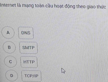 Internet là mạng toàn cầu hoạt động theo giao thức
A DNS
B SMTP
C HTTP
D TCP/IP