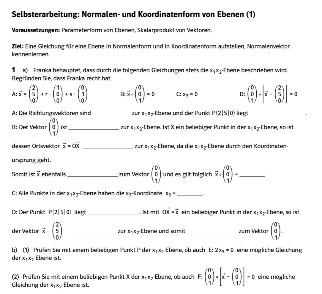 Gelöst:Selbsterarbeitung: Normalen- und Koordinatenform von Ebenen (1 ...