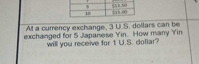 At a currency exchange, 3 U.S. dollars can be 
exchanged for 5 Japanese Yin. How many Yin 
will you receive for 1 U.S. dollar?