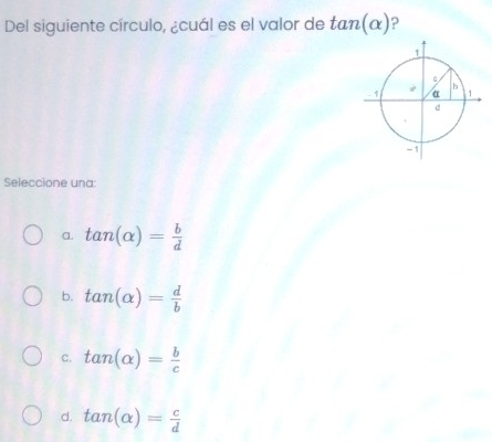 Del siguiente círculo, ¿cuál es el valor de tan (alpha ) ?
Seleccione una:
α. tan (alpha )= b/d 
b. tan (alpha )= d/b 
c. tan (alpha )= b/c 
d. tan (alpha )= c/d 