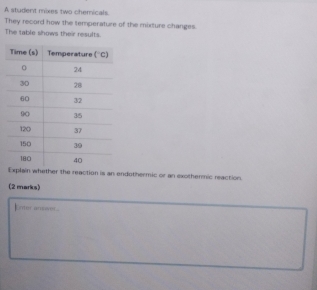 A student mixes two chemicals. 
They record how the temperature of the mixture changes. 
The table shows their results. 
Explain whether the reaction is an endothermic or an exothermic reaction. 
(2 marks) 
Enter answe .