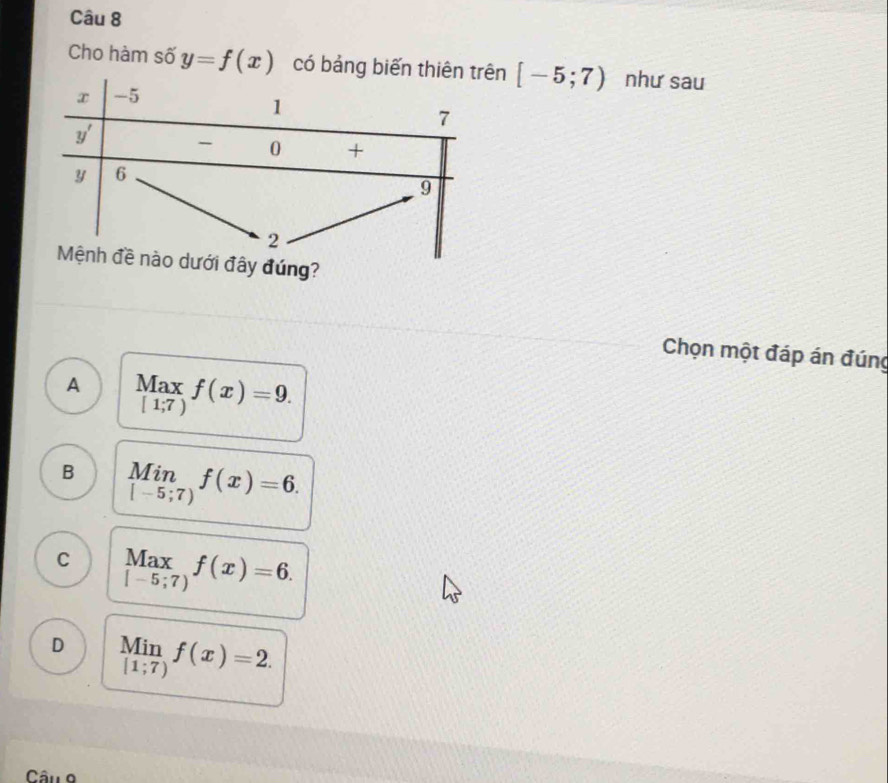 Cho hàm số y=f(x) có bảngn [-5;7) như sau
ng?
Chọn một đáp án đúng
A Max f(x)=9.
[1;7)
B _([-5;7))^(Min)f(x)=6.
C beginarrayr Max [-5;7)endarray f(x)=6.
D V Iin f(x)=2.
[1;7)
Cân o