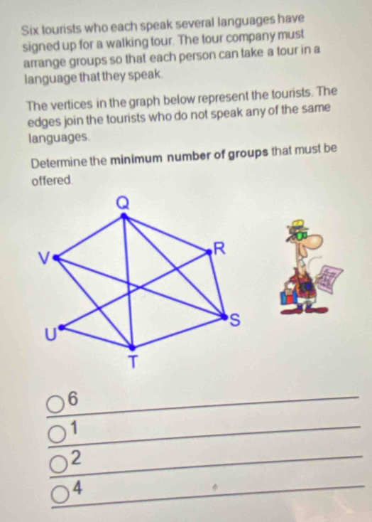 Six tourists who each speak several languages have
signed up for a walking tour. The tour company must
arrange groups so that each person can take a tour in a
language that they speak.
The vertices in the graph below represent the tourists. The
edges join the tourists who do not speak any of the same
languages.
Determine the minimum number of groups that must be
offered.
6
1
2
4