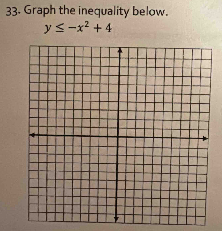 Graph the inequality below.
y≤ -x^2+4